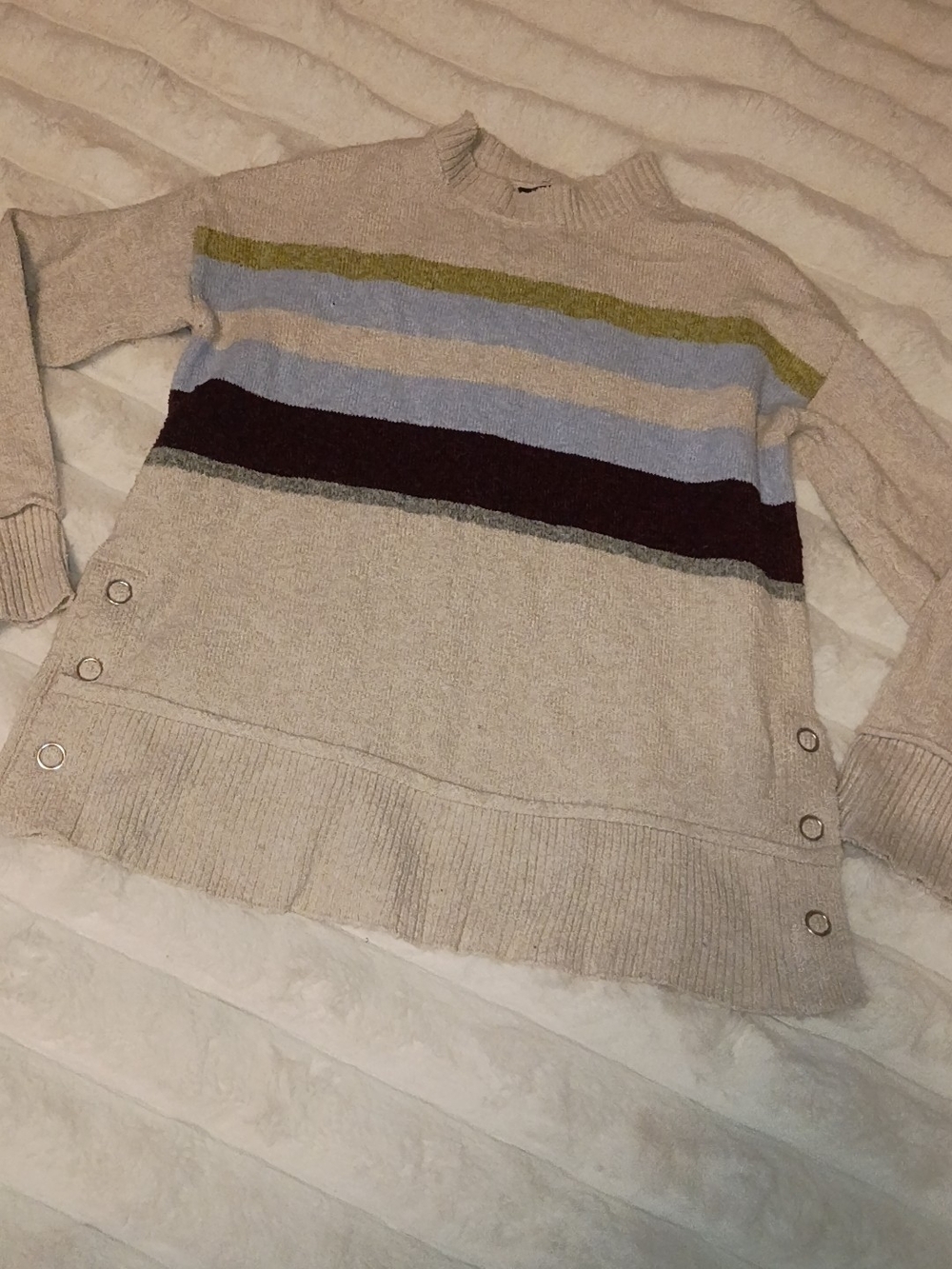 a.n.a Beige Crewneck Sweater with Multicolor Stripes and Side Buttons